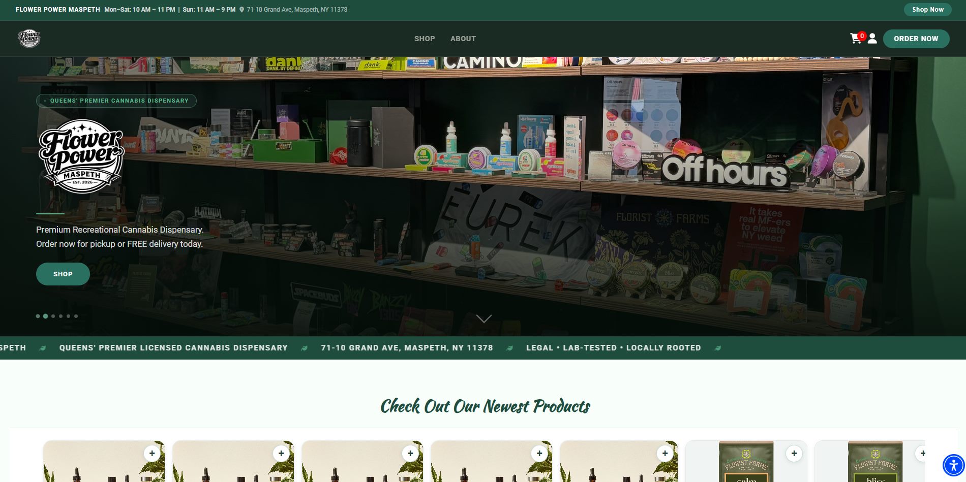 Flower Power Maspeth website homepage with the in-store product shelf photo and a Shop Now call to action
