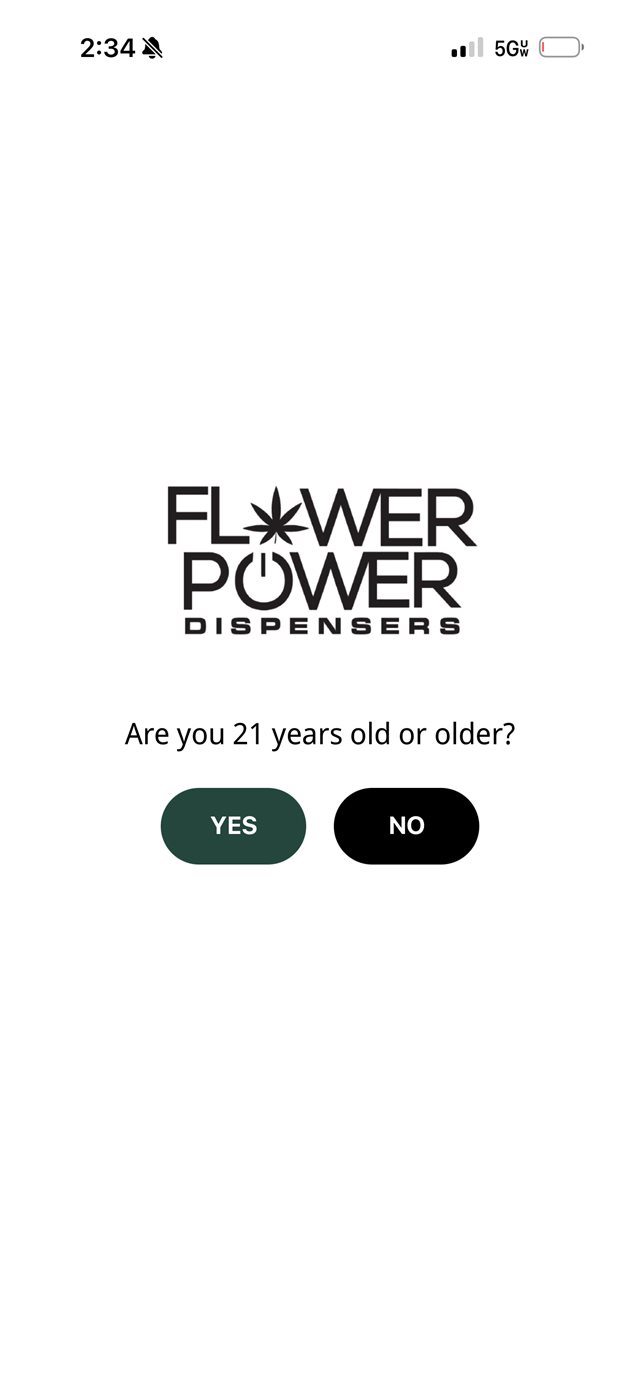 Flower Power Dispensers mobile app landing screen