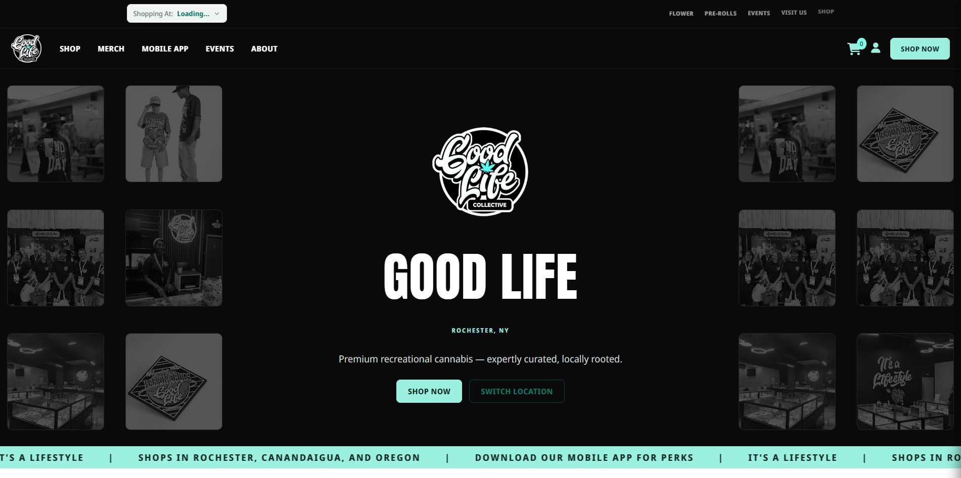 Good Life Collective website homepage with a location selector and Shop Now call to action